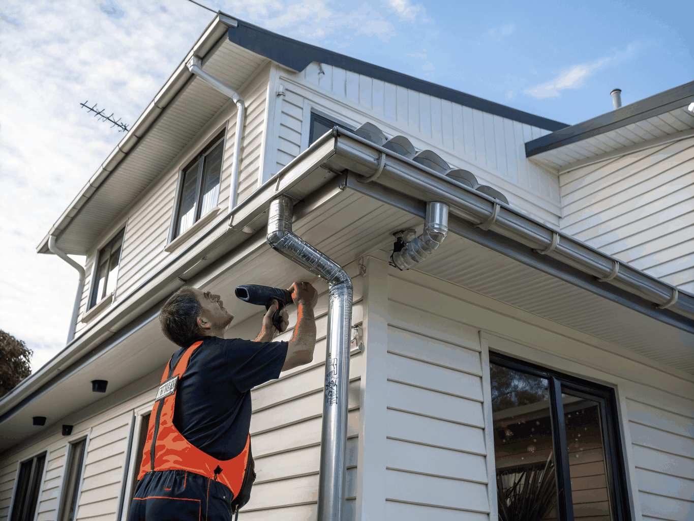 Technician repairing a residential gutter system