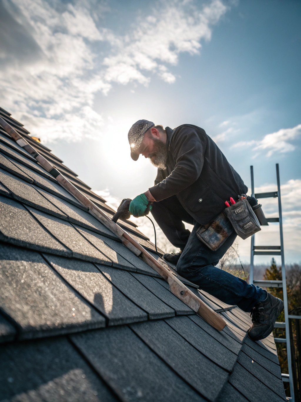 Close-up of professional roof cleaning process removing moss
